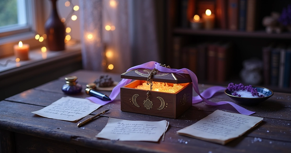 Caixa mágica decorada com luzes suaves sobre mesa com papeis de desejos