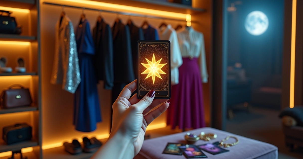 Closet iluminado com mão feminina segurando carta de tarot sobre roupas elegantes