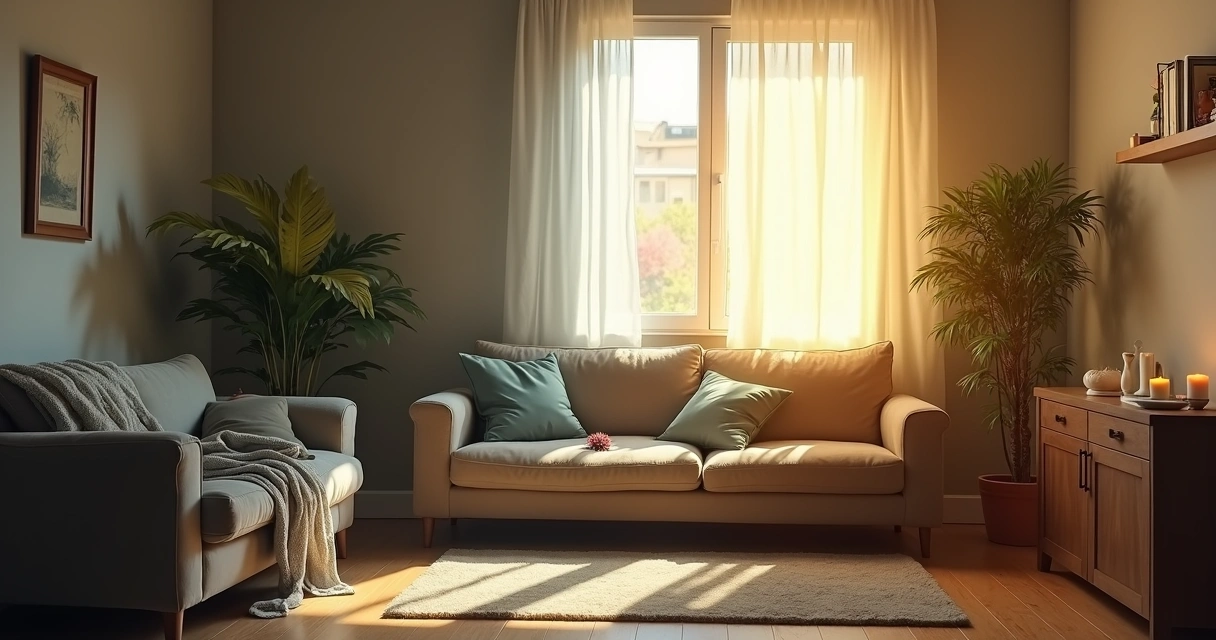 Sala de estar com bagunça de um lado e luz suave do outro lado em contraste