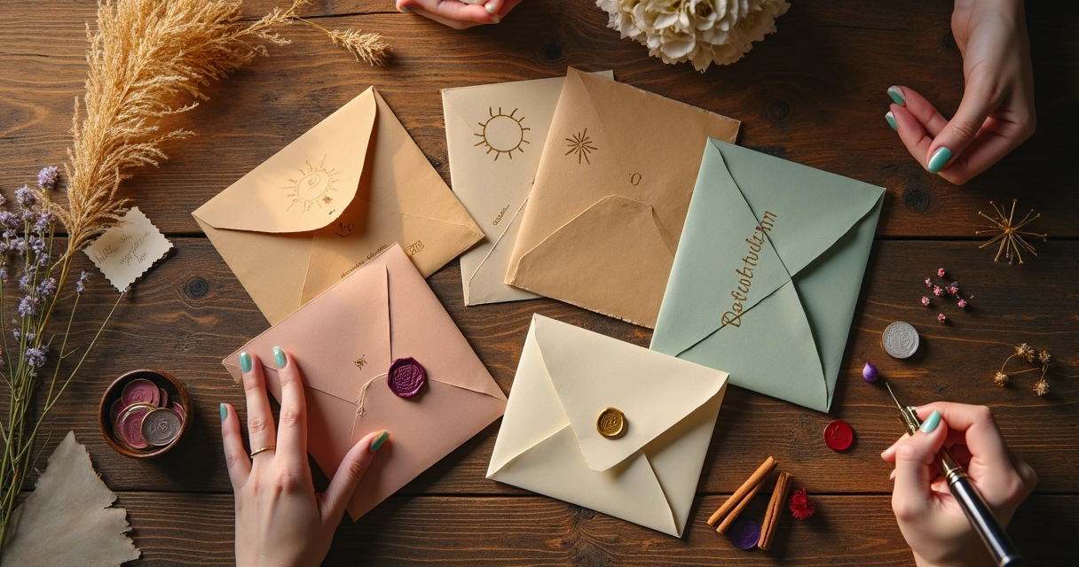 Mesa com envelopes decorados em ritual de doação e gratidão