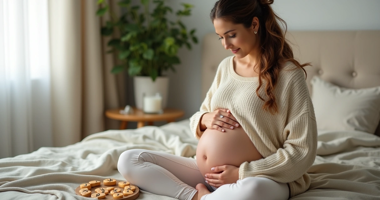 Gestante sentada na cama apoiando mãos na barriga ao lado de runas nórdicas