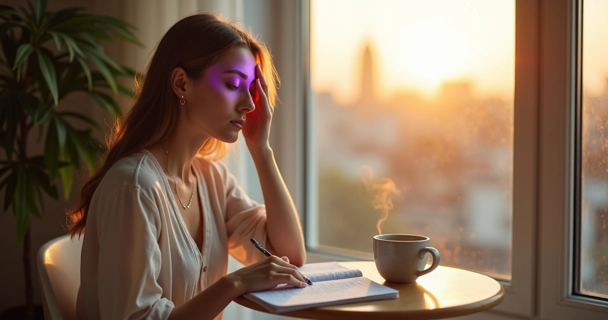 Mulher de olhos fechados tocando o centro da testa com luz roxa intuitiva