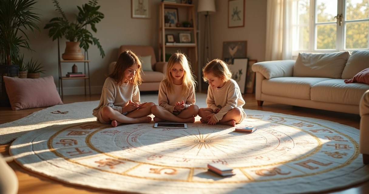 Irmãos sentados no chão olhando juntos um grande mapa astral redondo