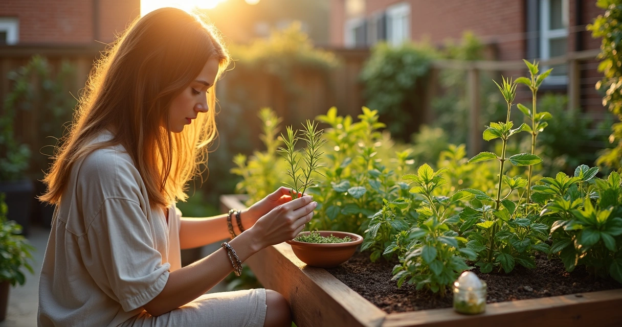 Mulher colhendo ervas em jardim urbano pequeno e ensolarado