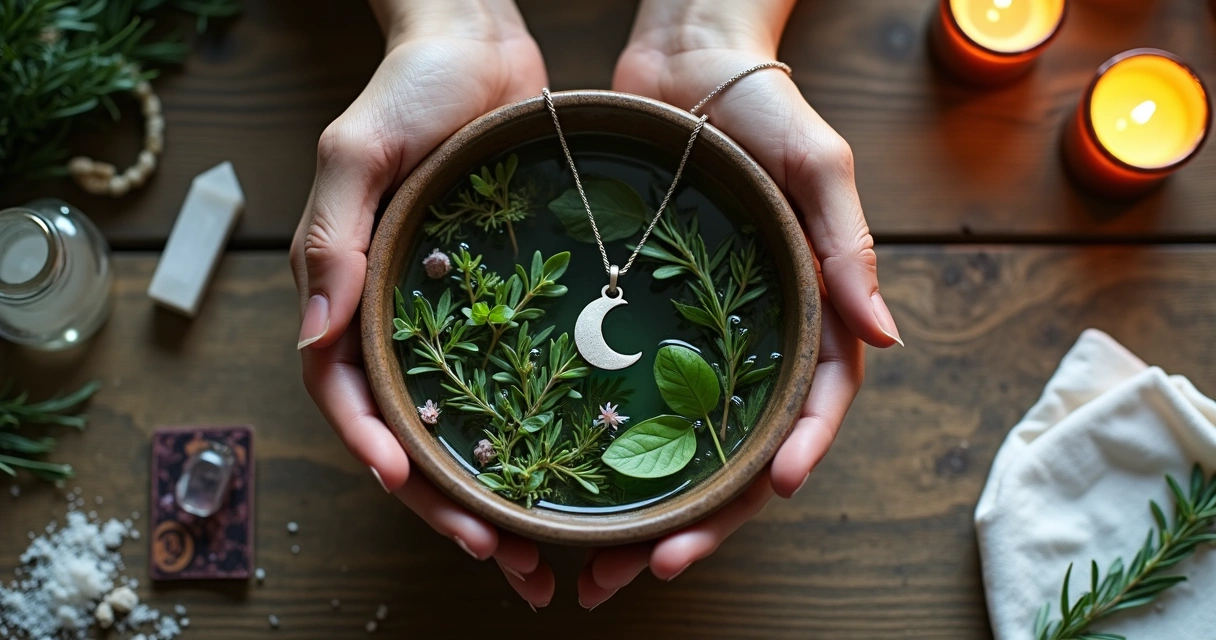 Mãos femininas limpando cristais e objetos rituais sobre bacia com água e ervas