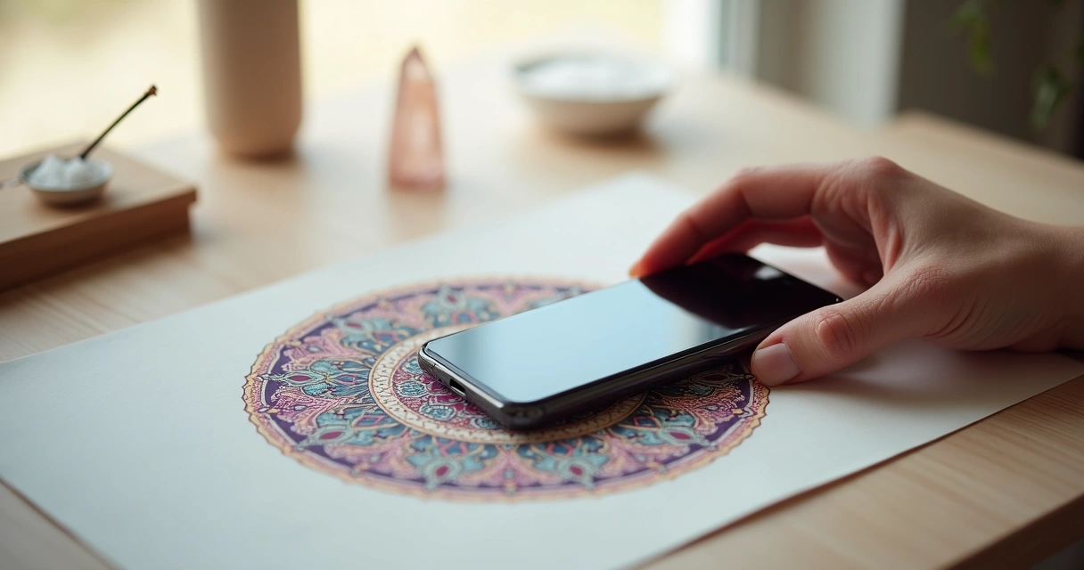 Mão feminina segura celular apoiado sobre mandala impressa colorida em mesa clara