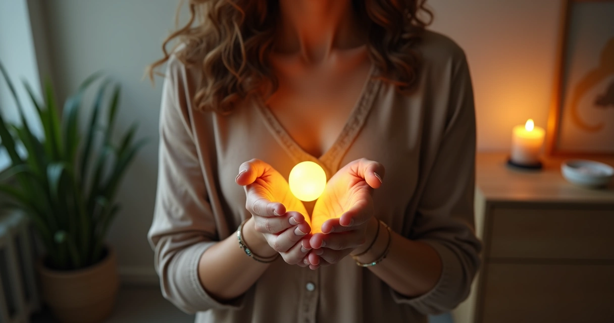 Mãos femininas em gesto de proteção com luz dourada em ambiente esotérico