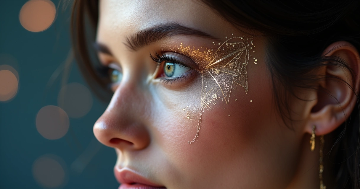 Rosto feminino em close com maquiagem mística detalhada como amuleto de proteção