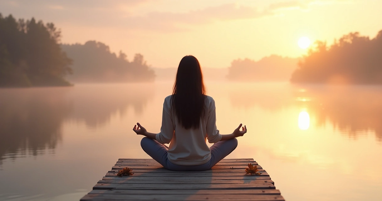 Pessoa meditando ao pôr do sol em ponte de madeira sobre lago calmo