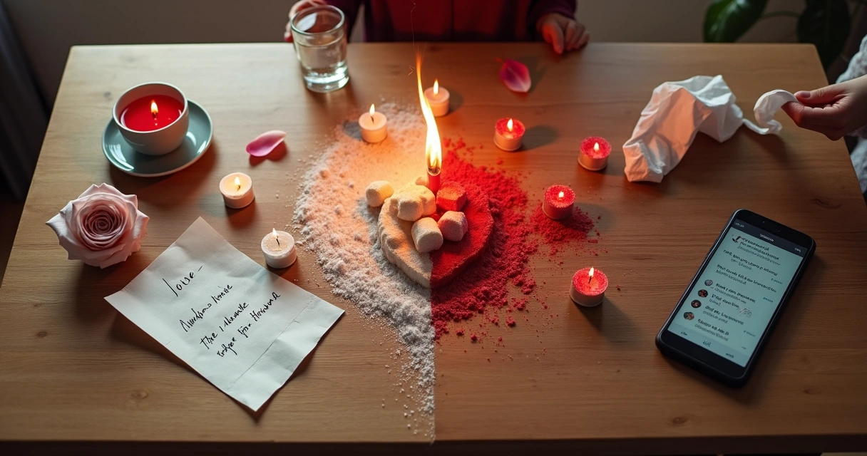 Mesa com ritual de amor organizado de um lado e bagunçado do outro