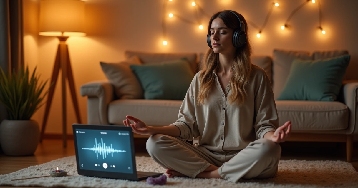 Mulher com fones de ouvido sentada no chão preparando-se para meditar ao som de música
