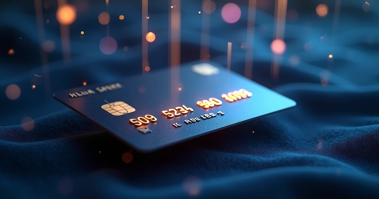 Cartão de crédito com números em destaque cercado por luzes e símbolos místicos