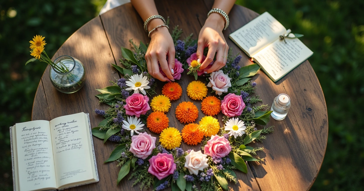 Mãos femininas organizando flores do quintal em círculo oracular sobre mesa rústica