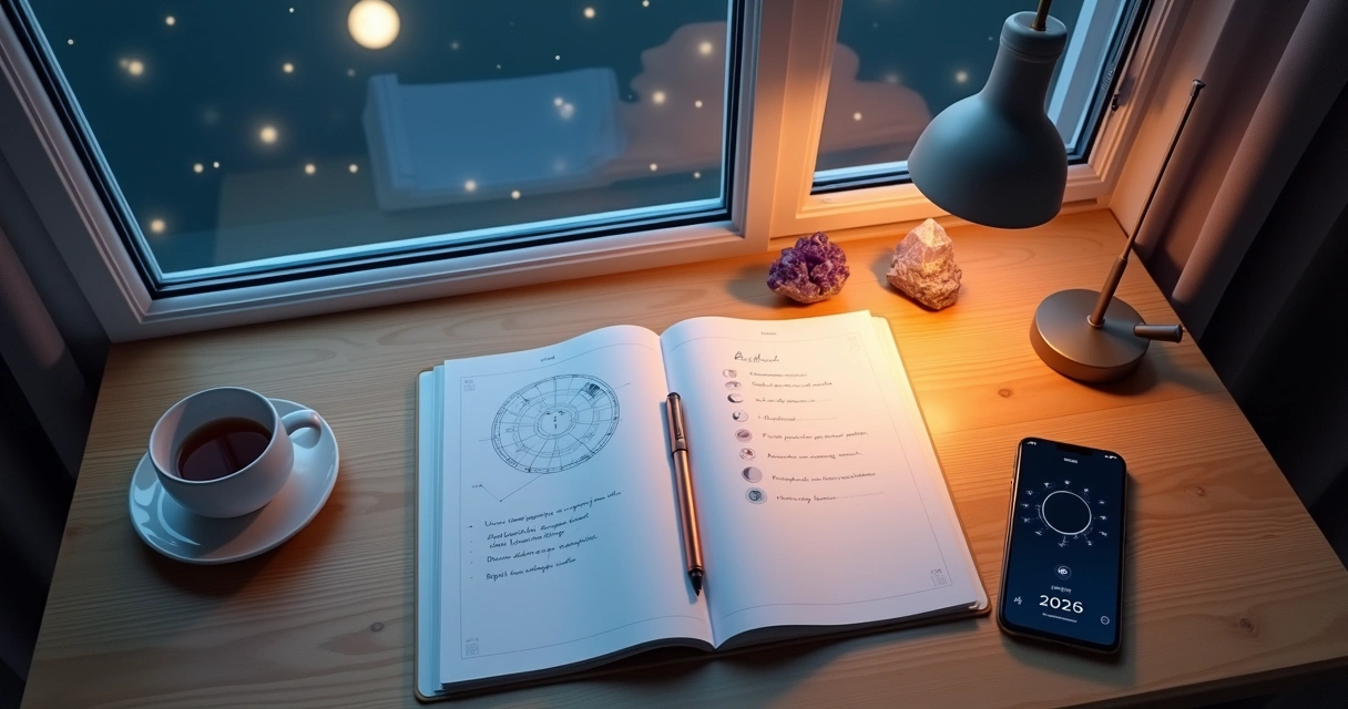 Vista superior de planner com ciclos da lua e metas pessoais escritas ao lado de um céu noturno pela janela