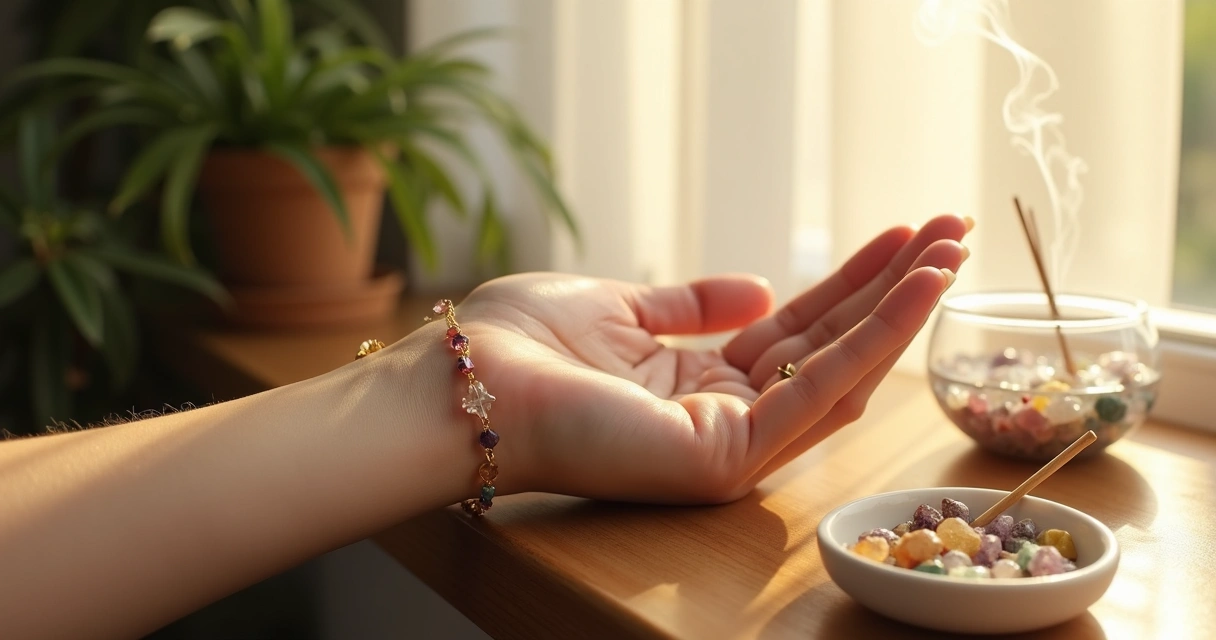 Pulseira delicada com cristais minúsculos sendo alinhada à luz do sol