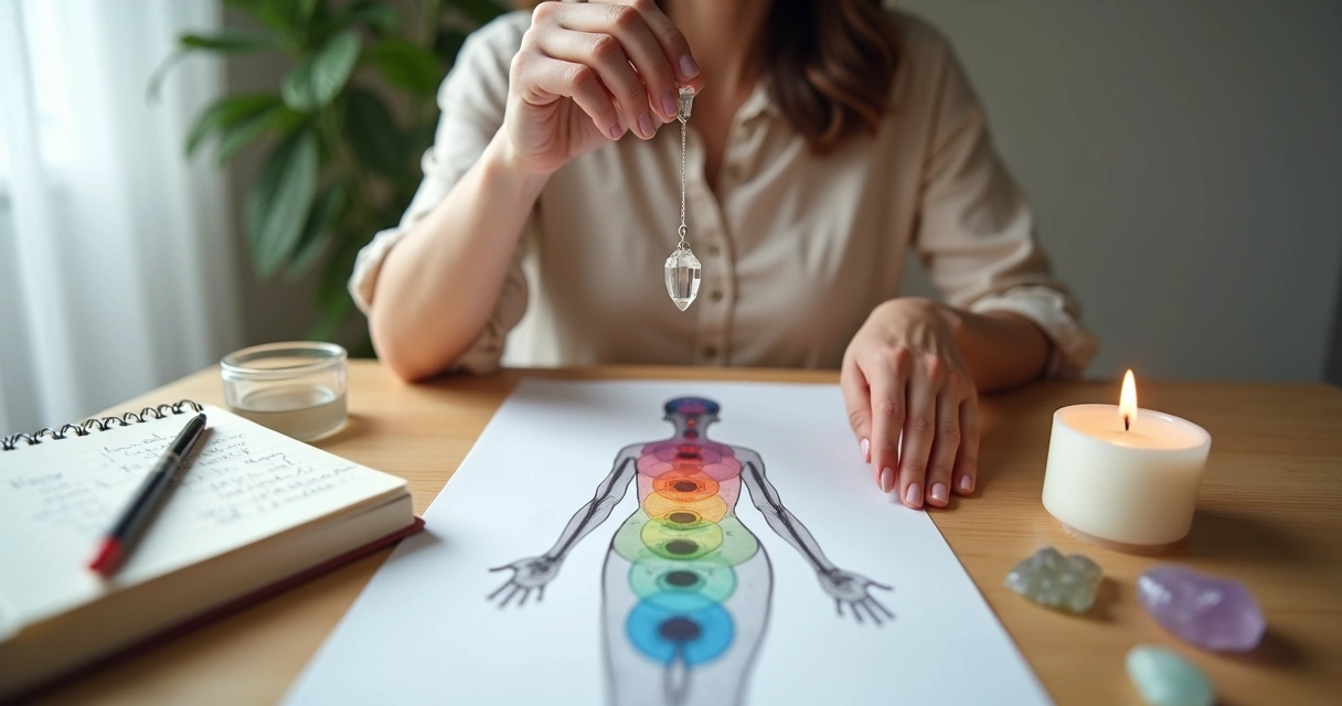 Mulher usando pêndulo de radiestesia sobre mapa de chakras em mesa de madeira clara