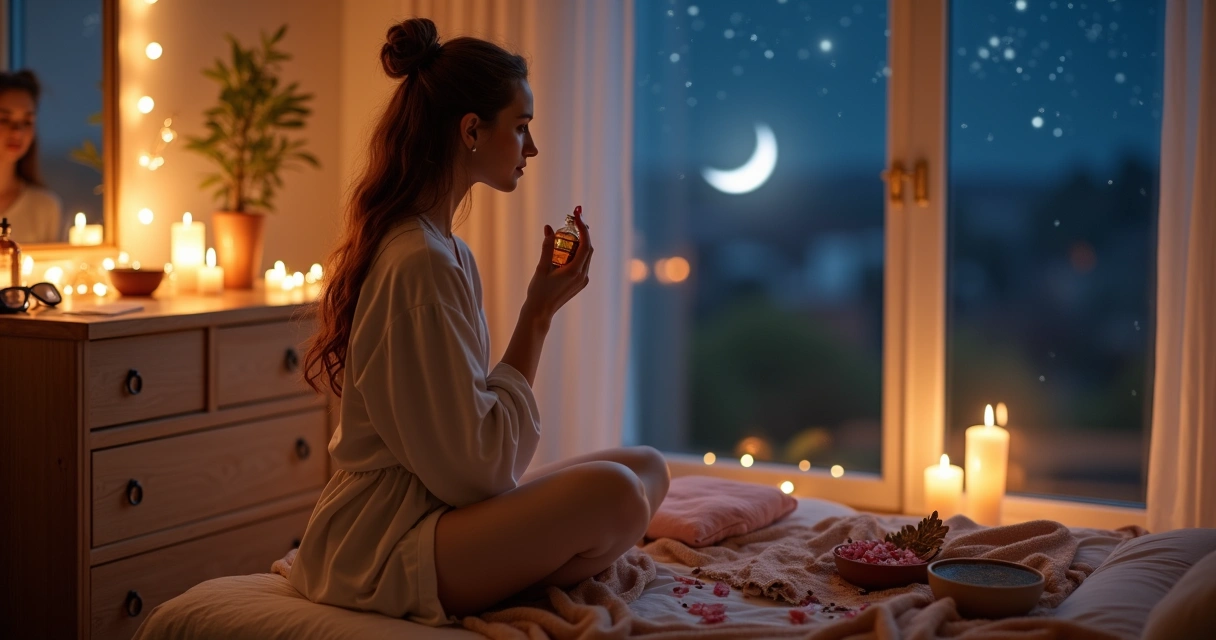 Mulher em ritual de autocuidado noturno com luz suave e elementos esotéricos ao redor