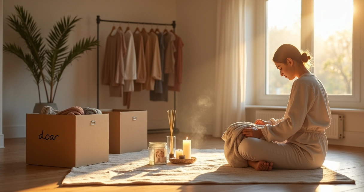 Mulher dobrando roupas para doação ao lado de caixa com cristais em ritual de desapego energético