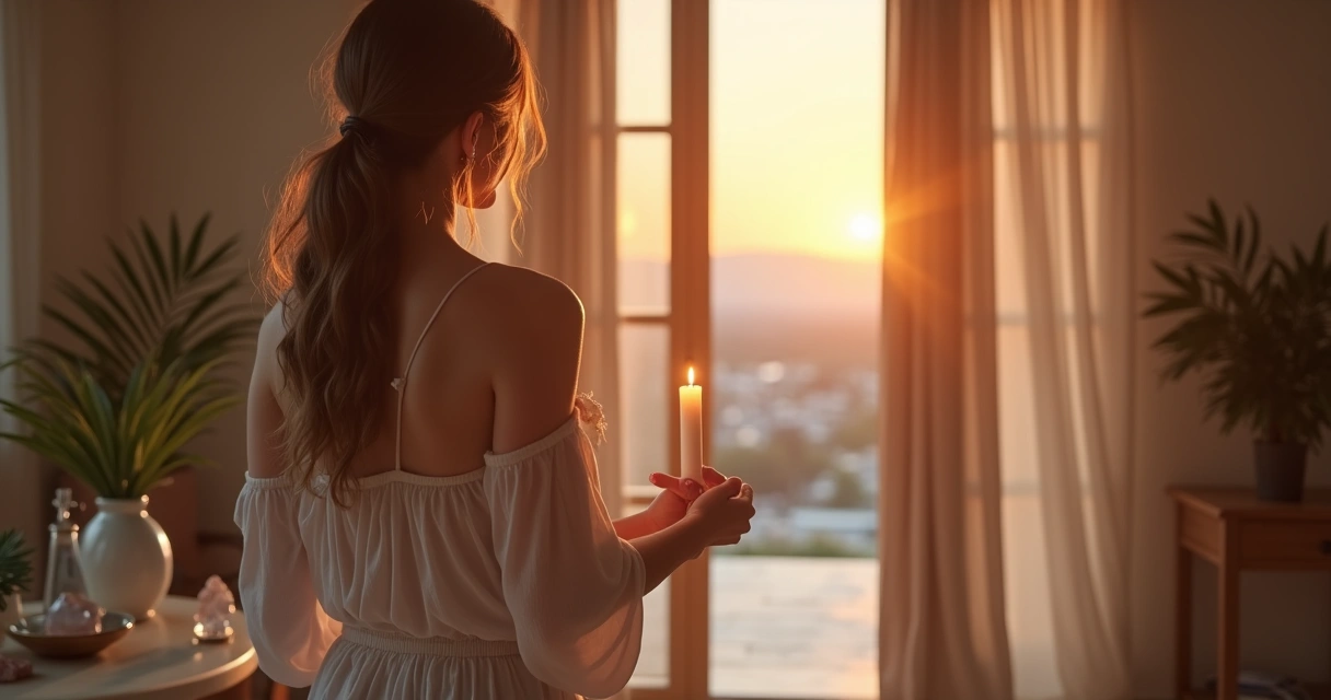 Mulher em ritual acendendo vela diante de porta entreaberta ao amanhecer