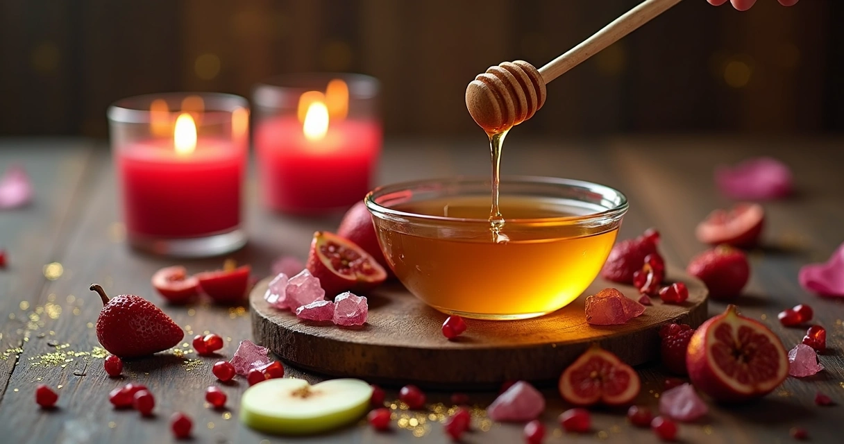 Mesa de ritual com frutas e mel em clima romântico e esotérico