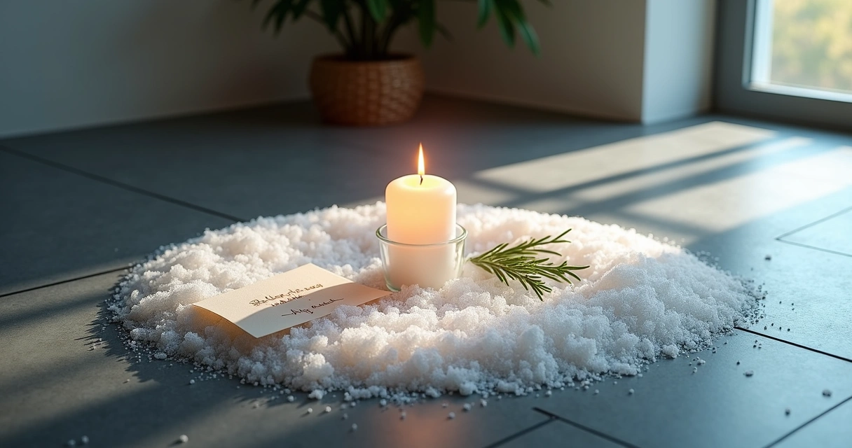 Ritual de perdão com círculo de sal grosso iluminado por luz suave