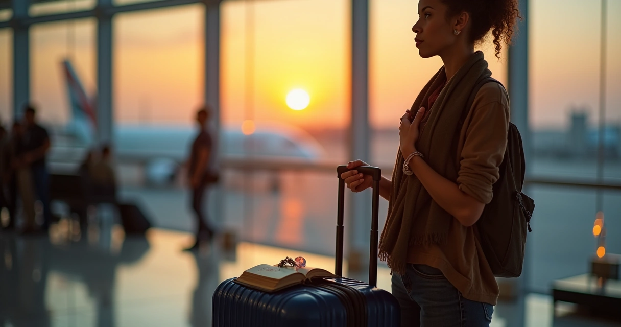 Mulher segurando mala em aeroporto ao fazer ritual de proteção com cristal