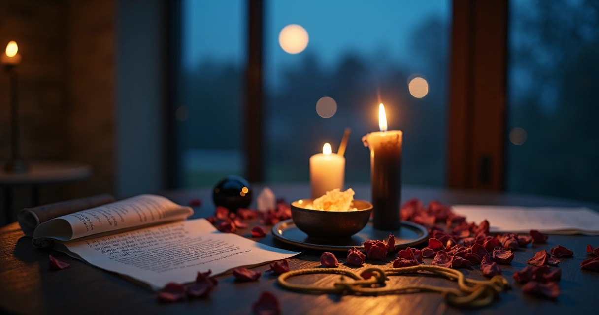 Mesa com ritual simbólico de quebra de contratos e término de ciclos