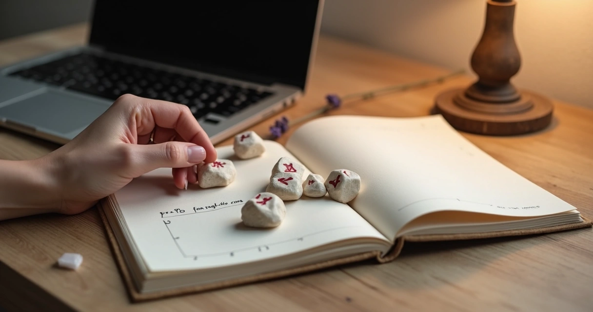 Runas vikings sobre caderno aberto e mão feminina apontando uma escolha