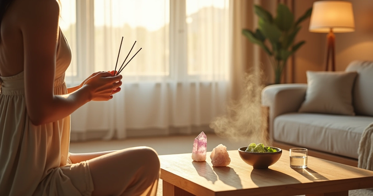 Sala de estar iluminada com incenso e cristais para purificar o ambiente