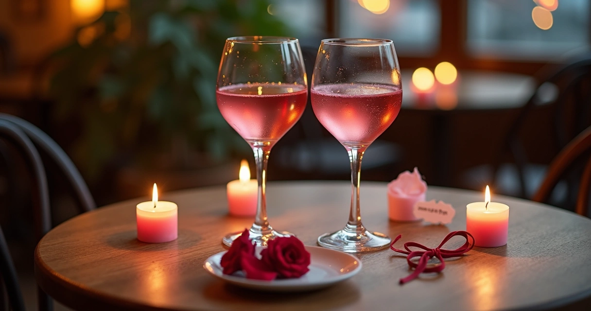 Mesa com velas rosas acesas e dois drinks preparando simpatia para primeiro encontro