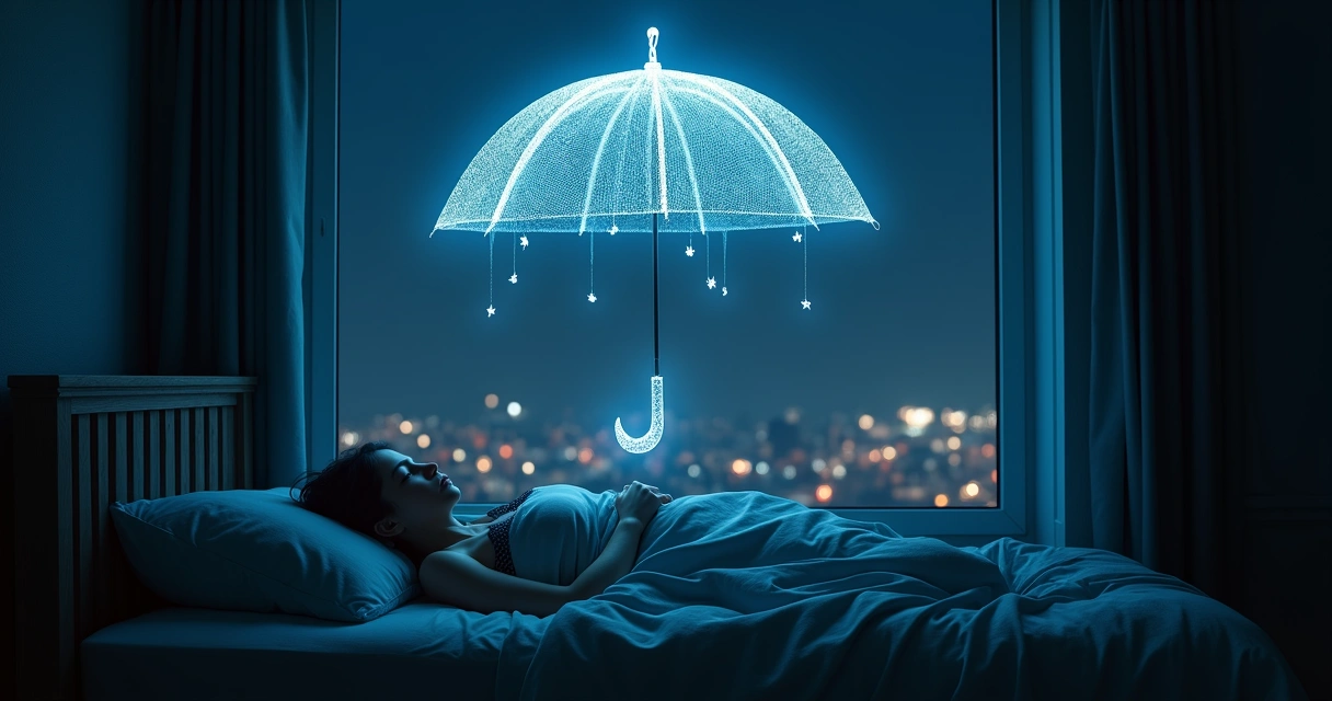 Mulher adormecida em cidade noturna enquanto guarda‑chuva luminoso a protege de símbolos vindos do céu