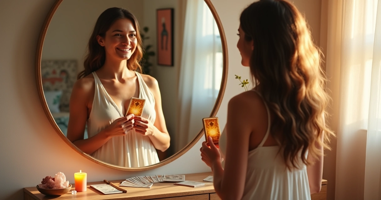 Mulher segura carta de tarot iluminada em frente ao espelho