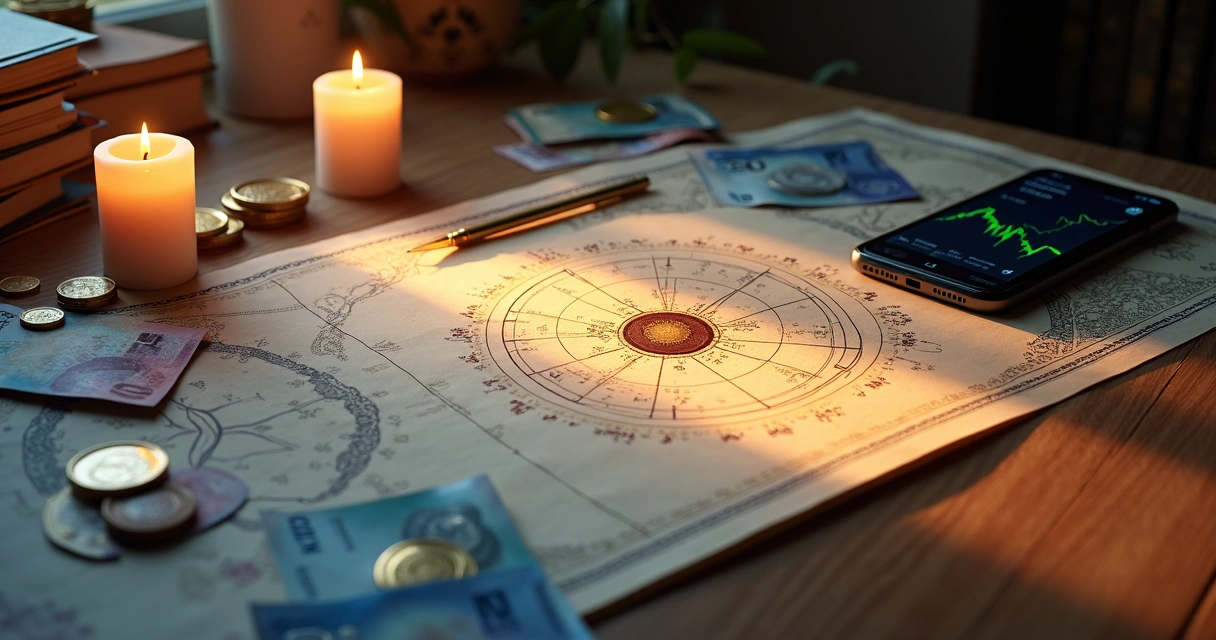 Mapa astral com símbolos do sol conectado a gráficos financeiros e notas de dinheiro