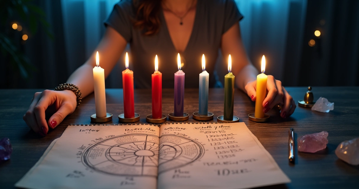 Mesa escura com velas coloridas alinhadas sobre mapa astral e calendário antigo