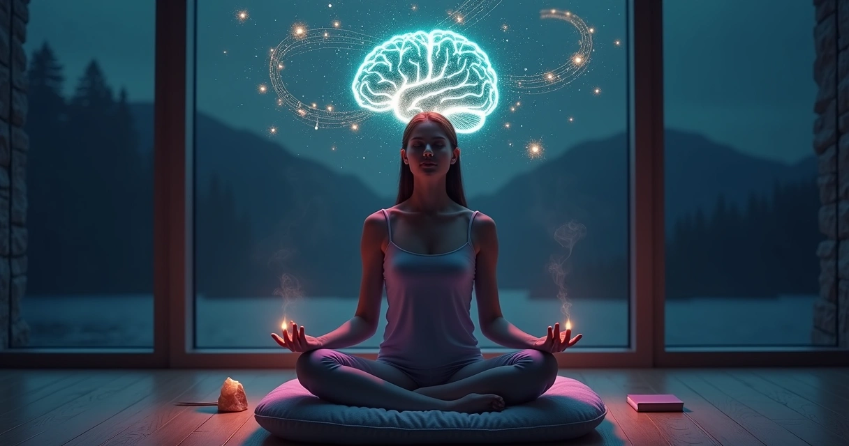 Mulher meditando com cérebro luminoso em espiral calma