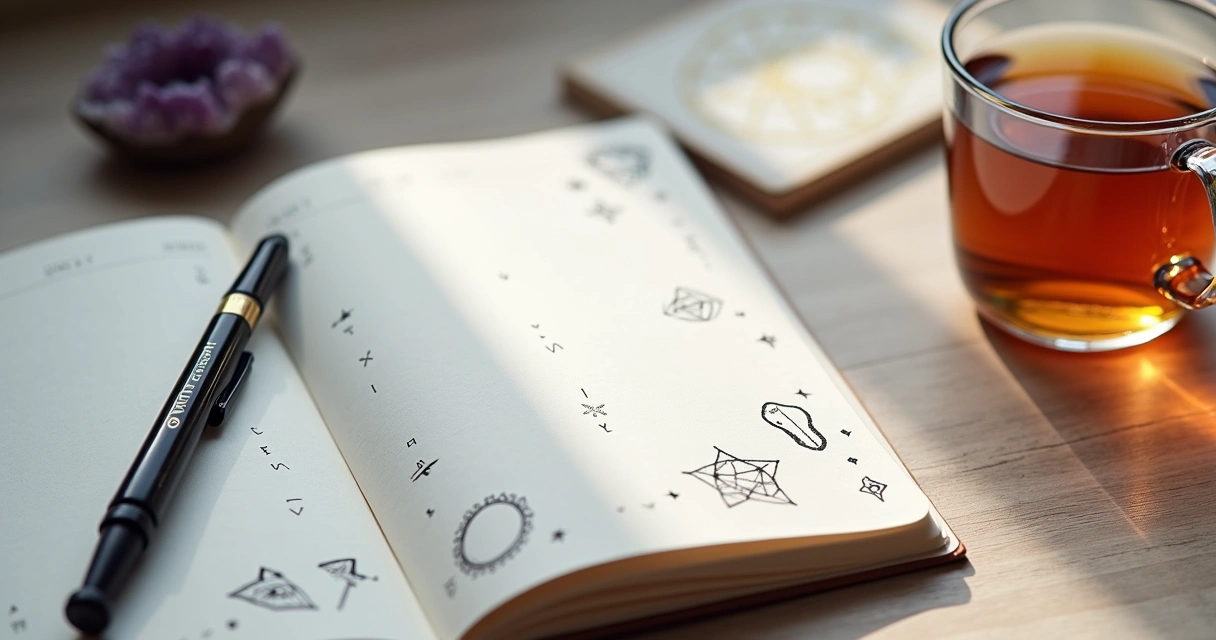 Agenda aberta com margens desenhadas com símbolos esotéricos protetores