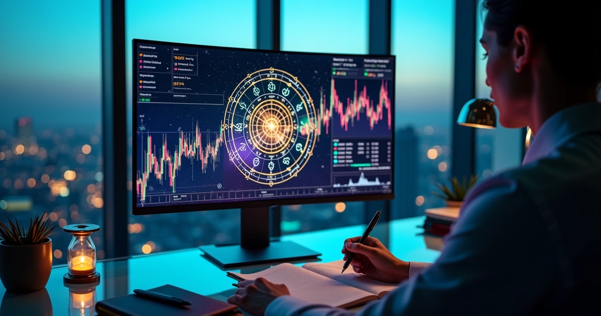 Mapa astral projetado sobre tela com gráficos financeiros em escritório moderno