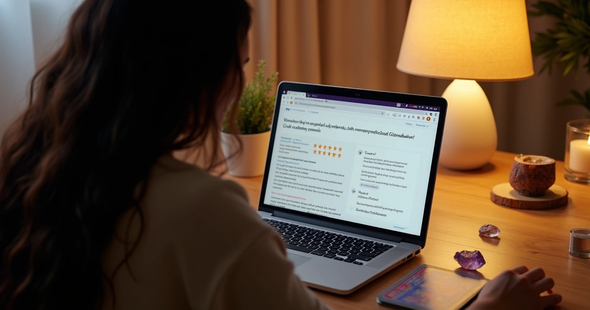 Mulher analisando avaliações de consultas espirituais online em notebook