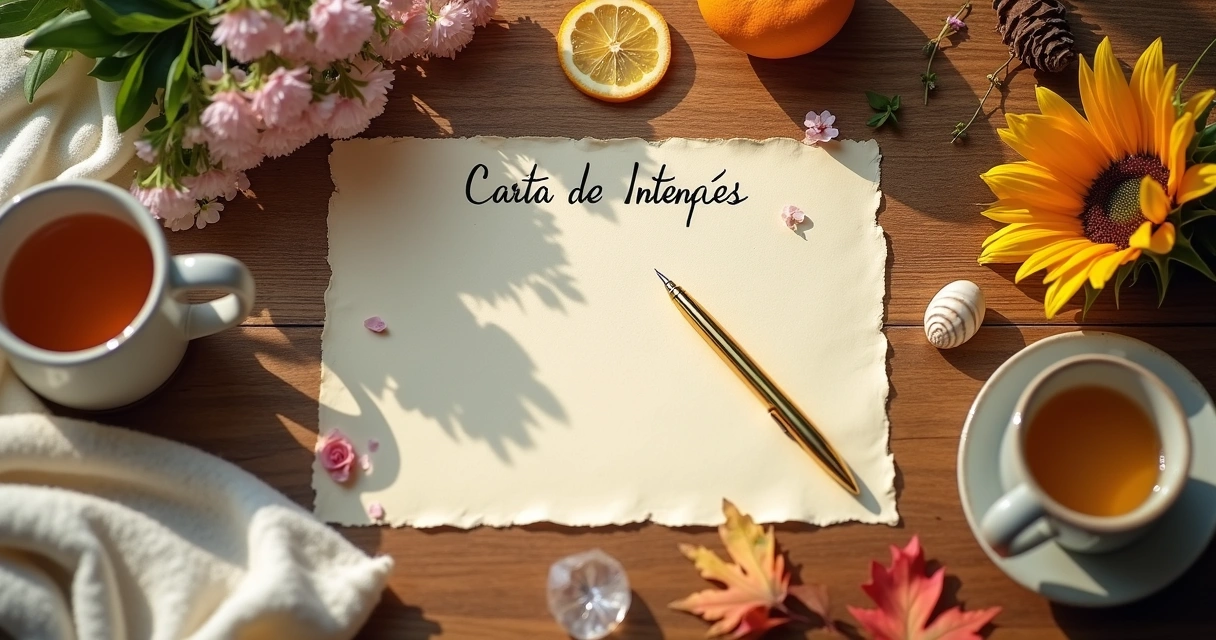 Mesa com carta de intenção cercada por símbolos das quatro estações do ano