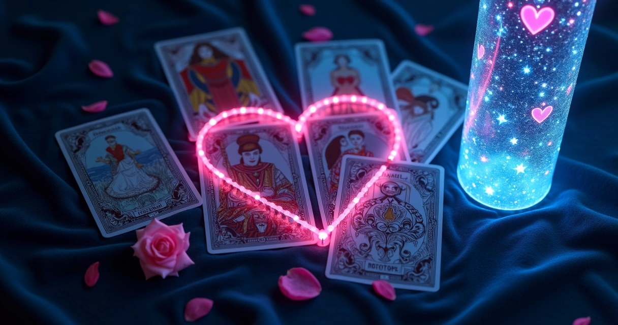 Cartas de tarot em formato de coração cercadas por luz rosa e azul