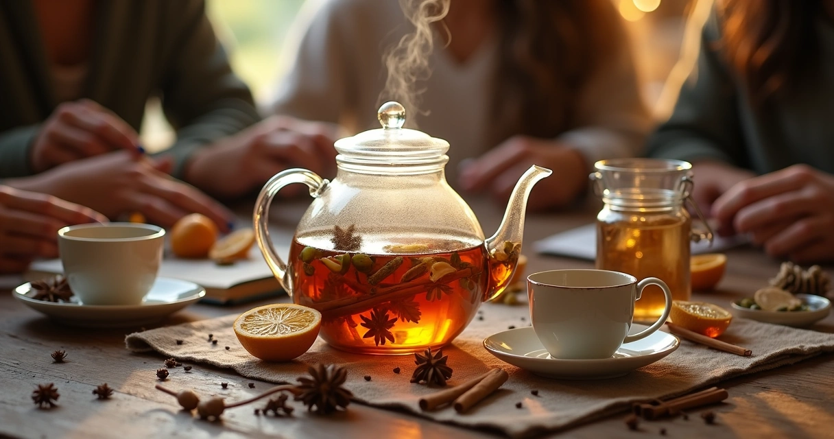 Xícara de chá de especiarias em ritual para novas amizades