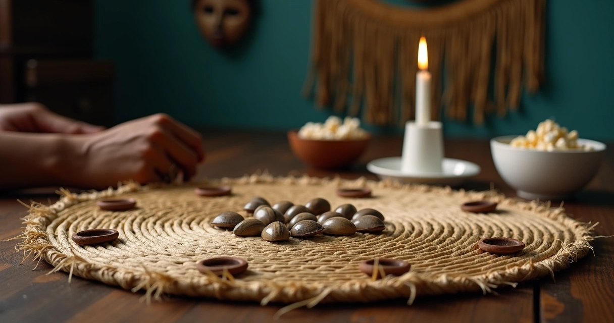 Tabuleiro de búzios com conchas abertas sobre esteira iluminada e luz de vela