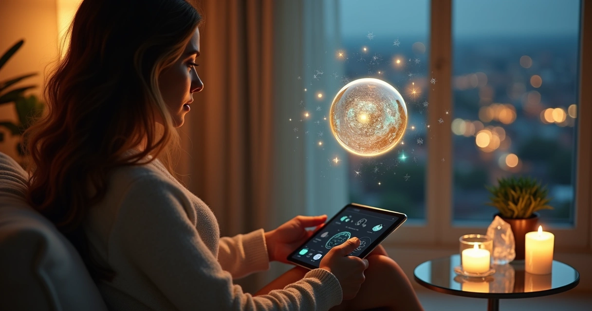 Mulher observa holograma místico flutuando sobre mesa em atendimento espiritual online