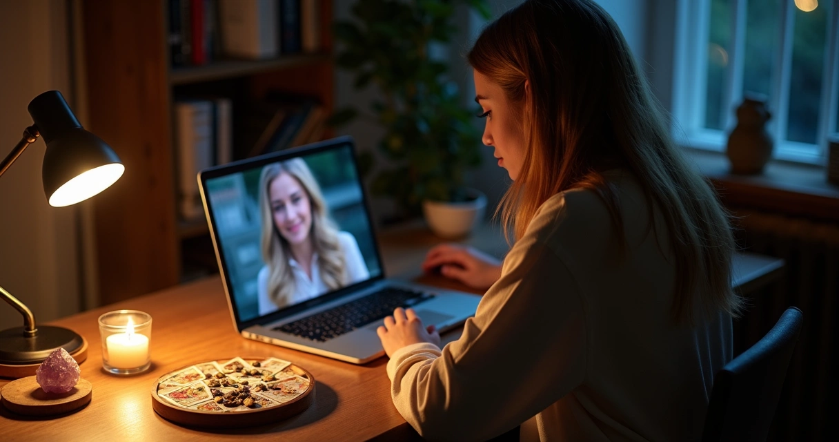 Mulher consulta leitura espiritual online em notebook com cartas de tarô e búzios ao lado