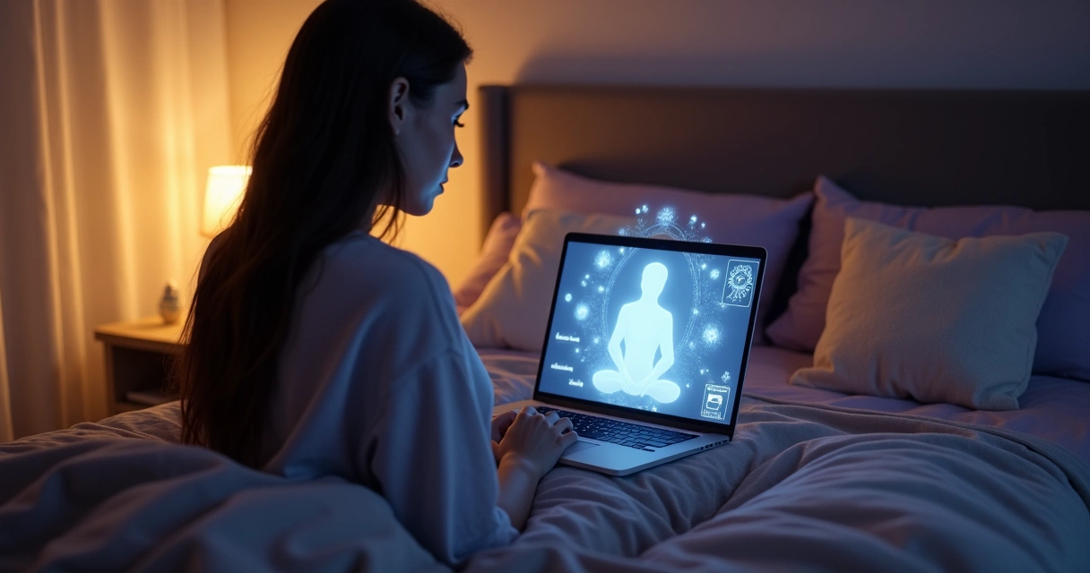 Mulher em frente ao notebook em quarto suave com aura luminosa e símbolos espirituais na tela