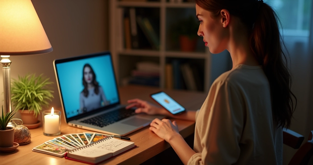 Mulher analisando cartas de tarot coloridas diante de notebook aberto em ambiente acolhedor