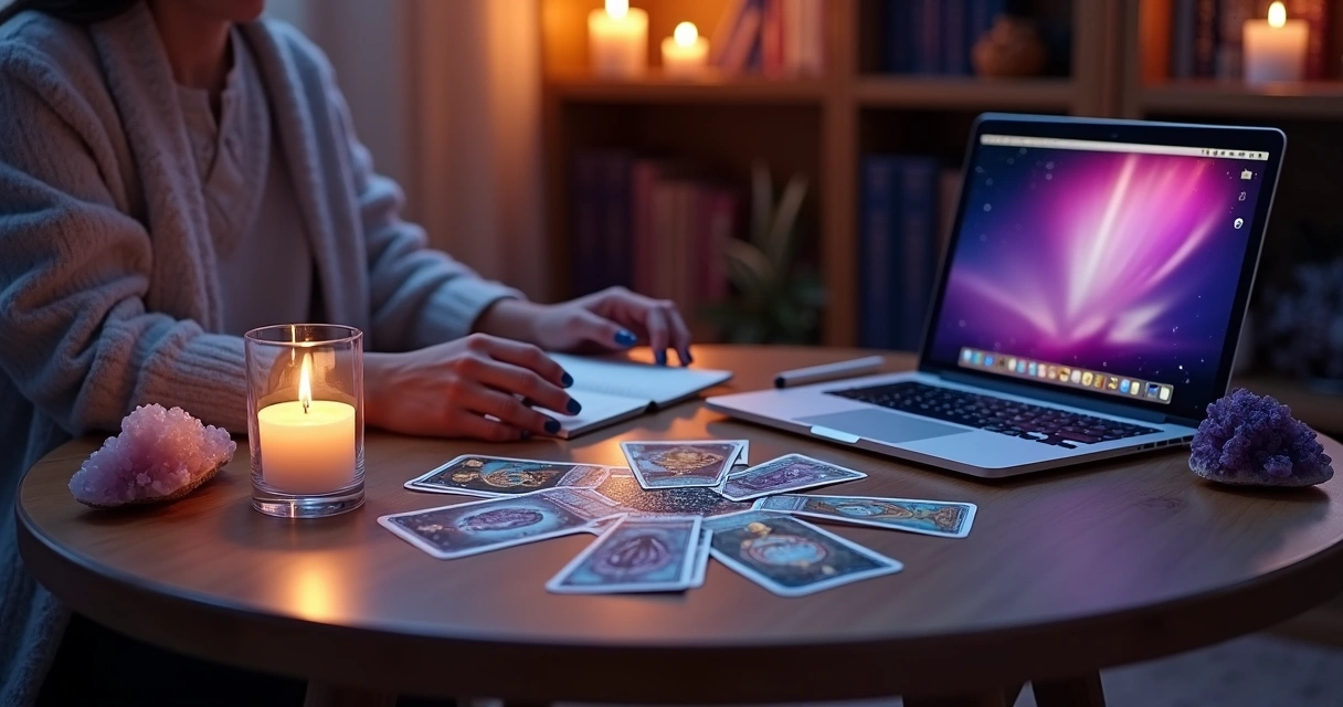 Mesa com laptop aberto, cartas de tarot espalhadas e atmosfera mística aconchegante