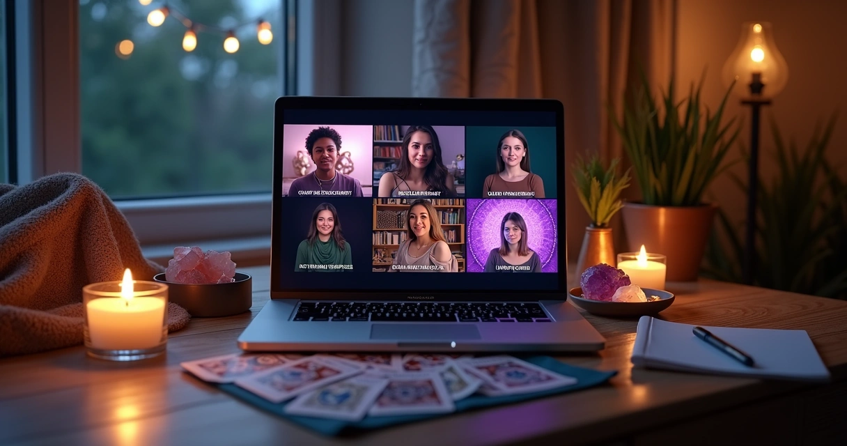 Tela de notebook exibindo vários perfis de consultoras de tarot online em ambiente místico