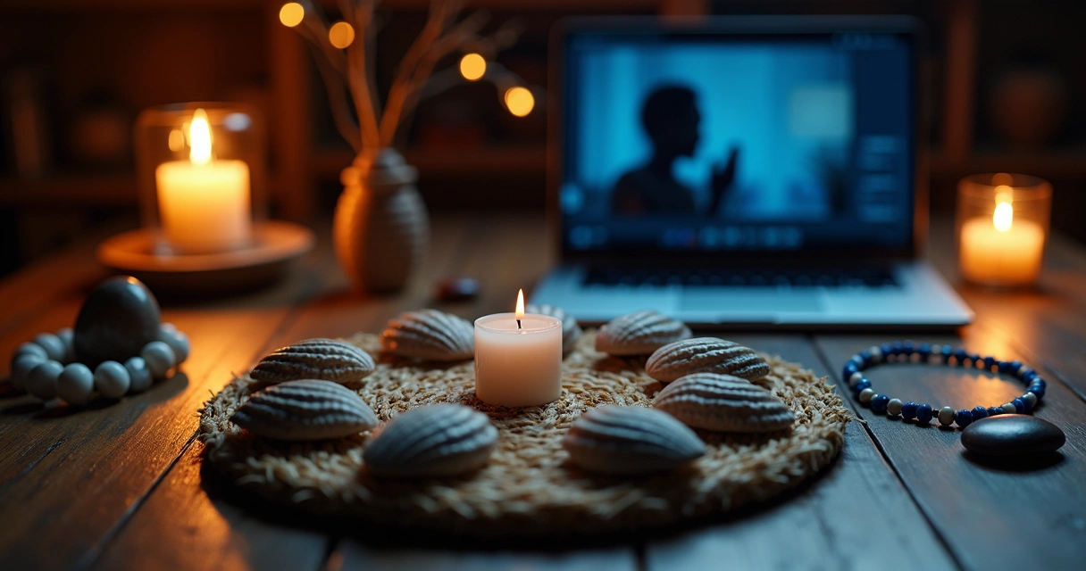 Búzios abertos em mesa ritualística com notebook ao fundo