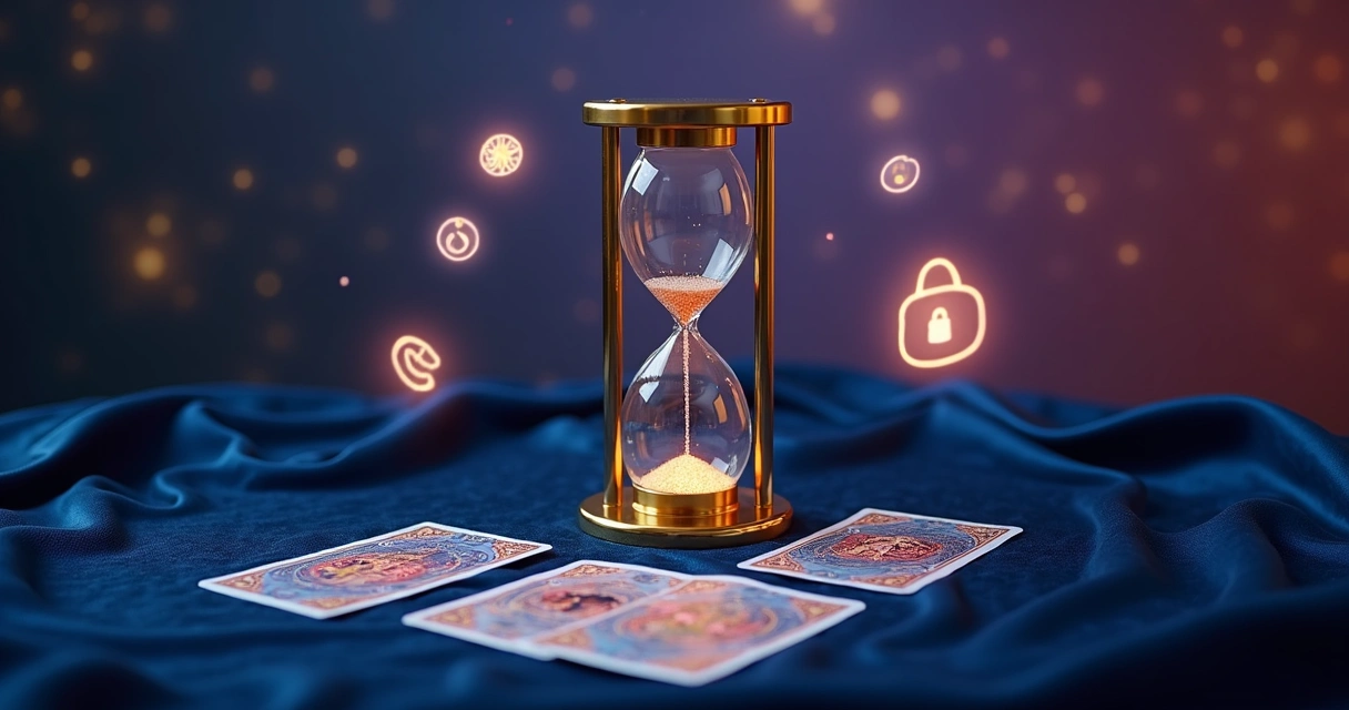 Relógio de areia dourado ao lado de cartas de tarot iluminadas